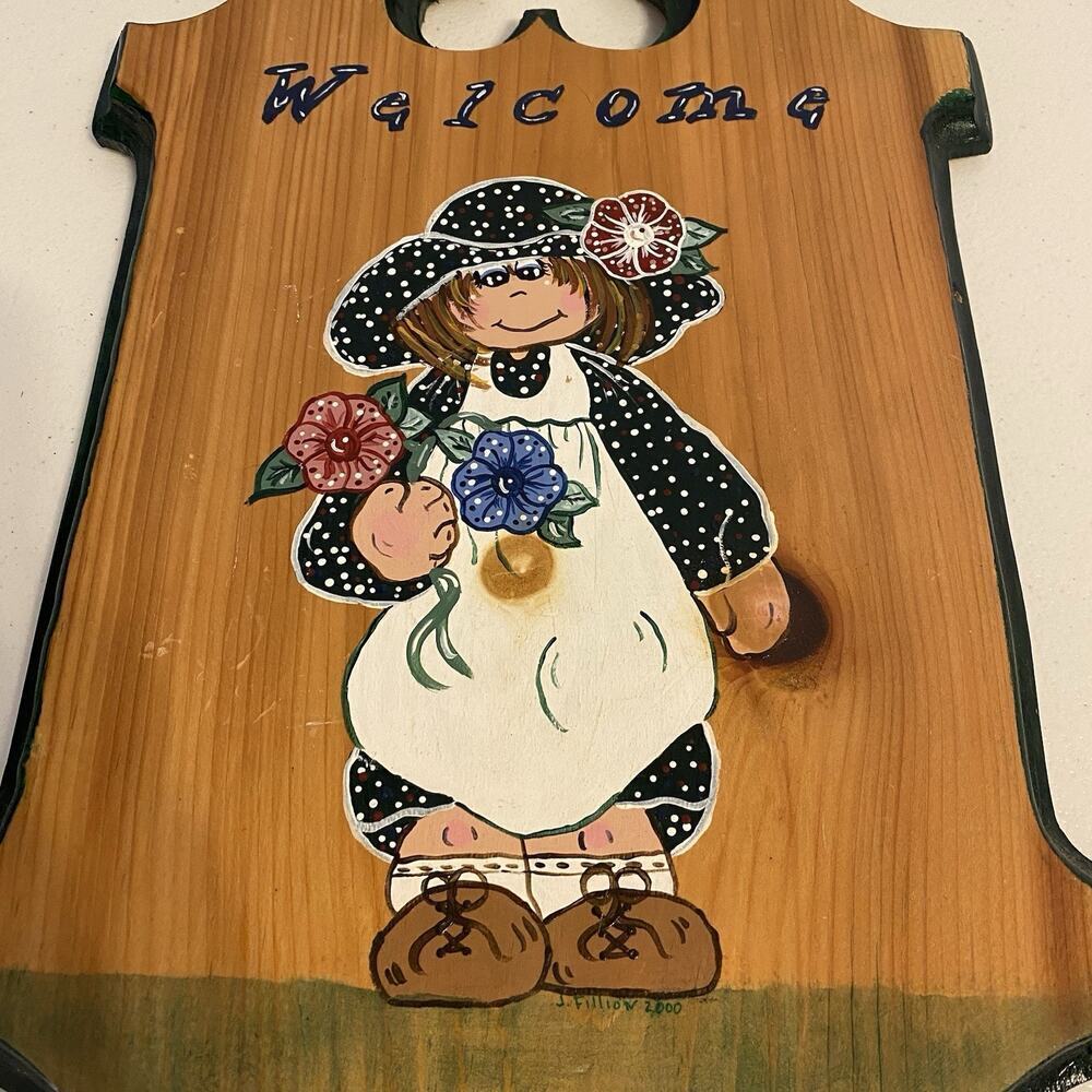 Y2K 2000s Original Art Hand Painted Girl w/ Flowers Welcome Sign Wall Decor - Picture 6 of 8